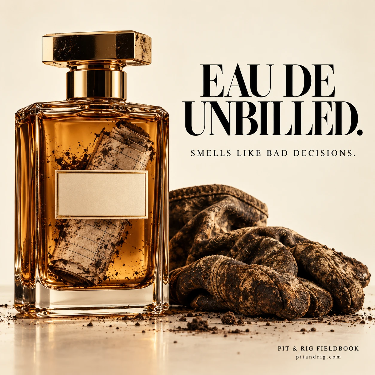 A gold-capped perfume bottle with a rolled, dirt-covered field ticket inside, beside a pair of muddy work gloves. Text: Eau de Unbilled. Smells like bad decisions.